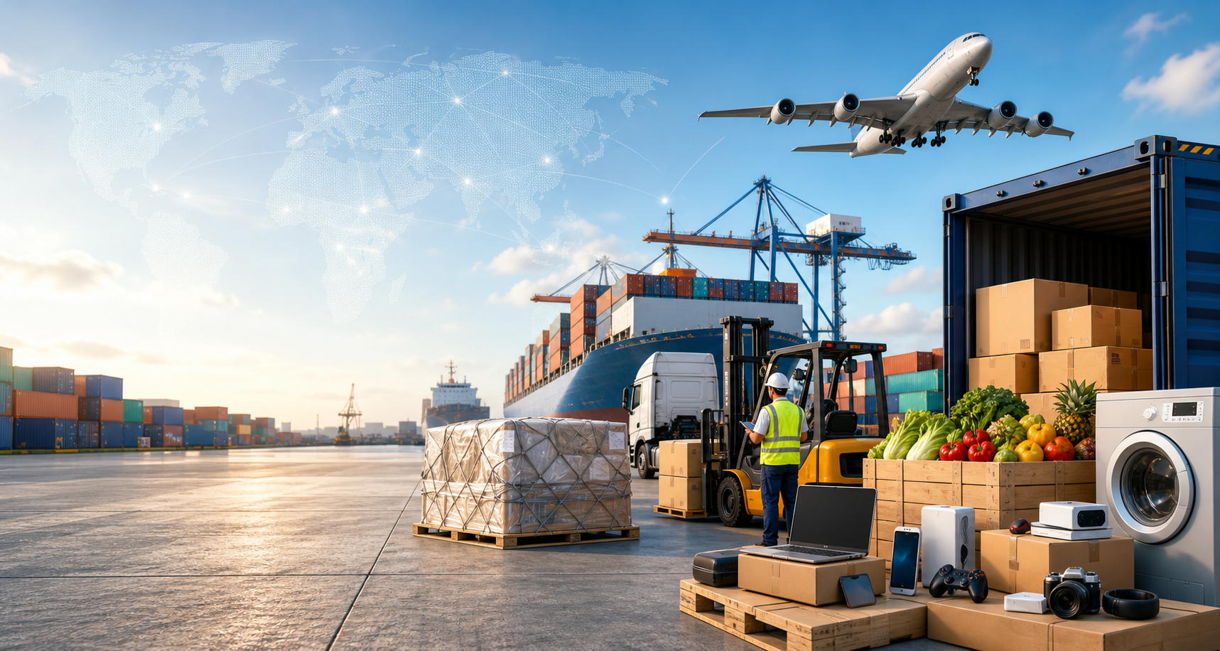 Global marketplace scene with shipping containers, produce crates, electronics boxes, and air cargo.
